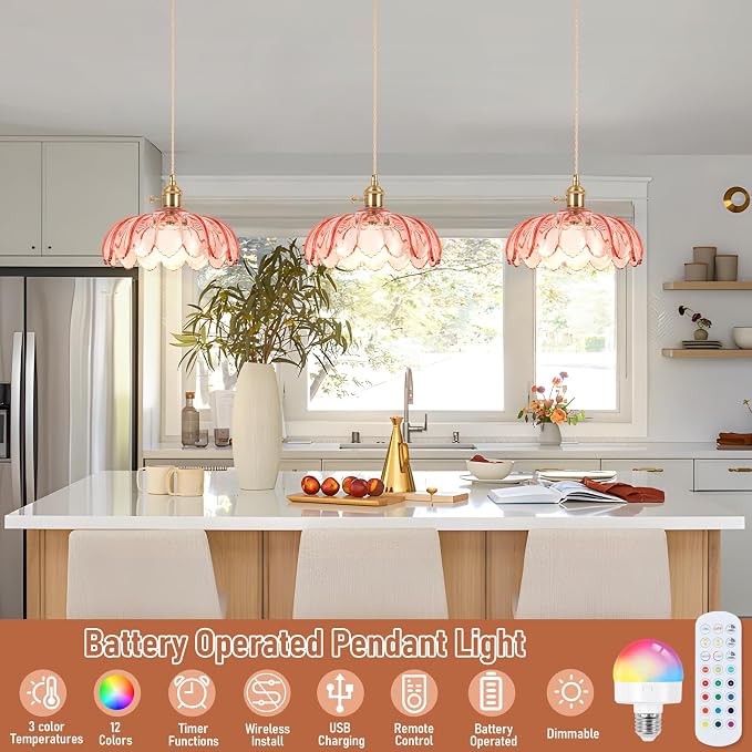 Battery Operated Pendant Light,Pink Vintage Light Fixtures RGB Rechargeable Light Bulb 2500mAh 9.8in with Remote Control Wireless Adjustable Chandelier for Kitchen Island Hallway 1 Light