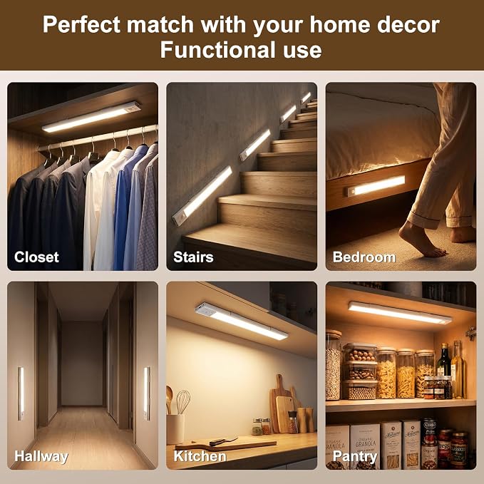 12 Inch Under Cabinet Light , USB Rechargeable Dimmable Motion Sensor LED | Clip-On Adhesive Wireless Mount, Tool-Free Install for Kitchen, Pantry, Wardrobe, Counter, Hallway, Stairs