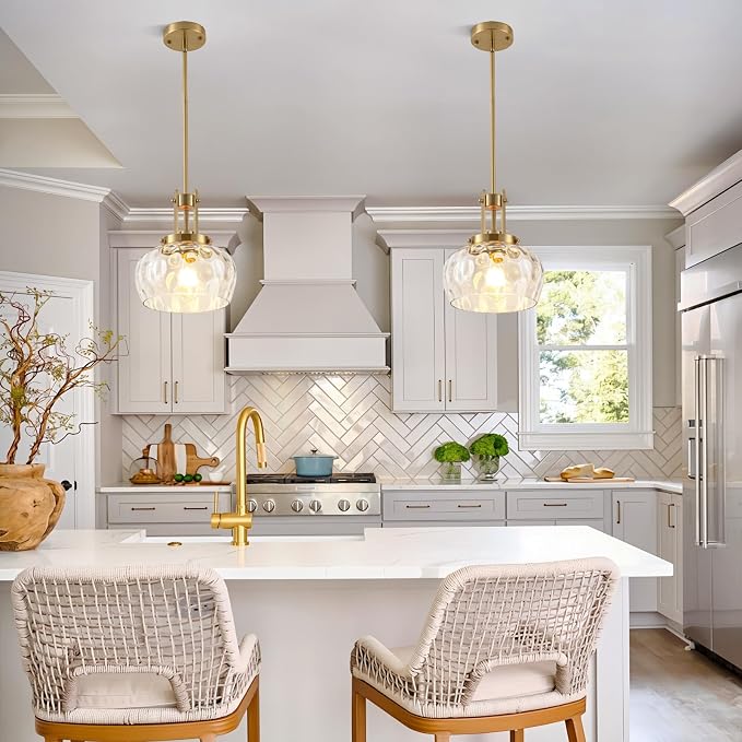 Gold Pendant Light Kitchen Island, 10 Inch, Hammered Glass Shade | Modern Farmhouse Style, For Kitchen Dining Room Bedroom, Bulb Not Included