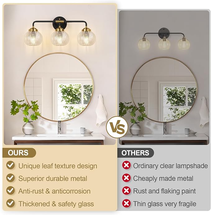 MOKATNG Bathroom Light Fixtures, 3-Light Clear Vanity Lights with Unique Leaf Texture Glass Shade, Modern Matte Black and Gold Bathroom Wall Lamp for Mirror Hallway Cabinet Living Room