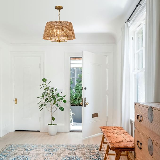 5-Lights Hand-Woven Rattan Chandelier Vintage Farmhouse Boho Bamboo Chandeliers Light Fixture Retro Drum Wicker Rattan Gold Chandelier for Dining Room, Kitchen, Living Room