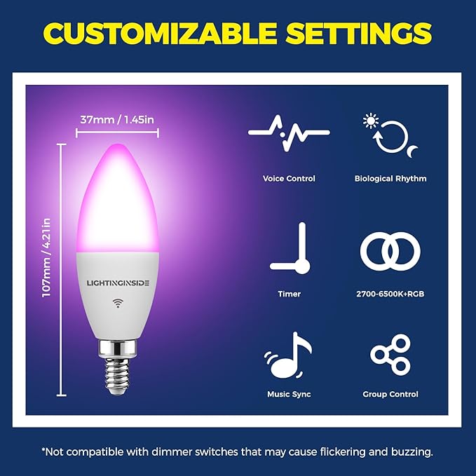 Lightinginside E12 Smart Light Bulbs 60W Equiv., Work with Alexa/Google Home/SmartLife, 500LM 6W RGBCW Candle Candelabra LED Light Bulbs, No Hub Required, 2.4G WiFi Bluetooth Bulb, ETL Listed, 2PCS