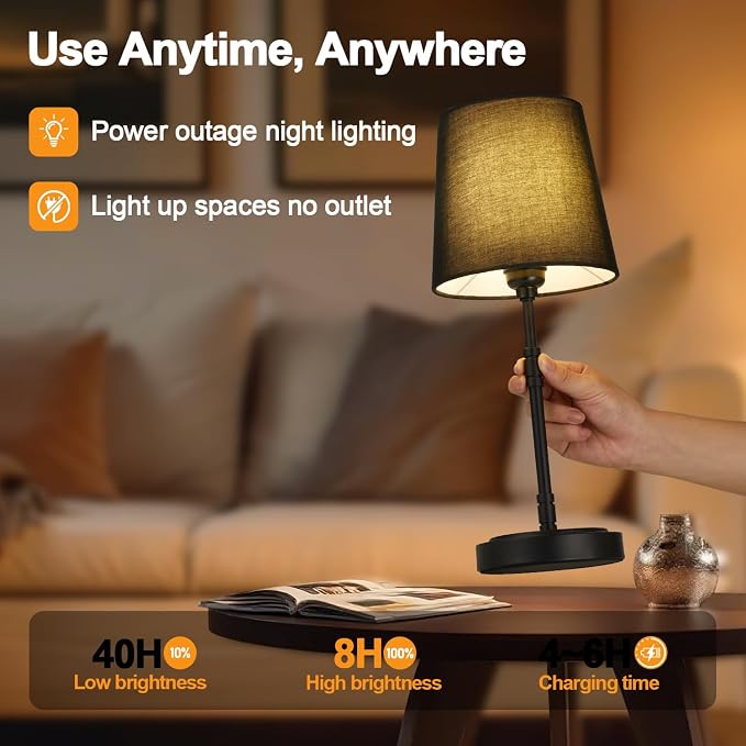 Cordless Table Lamps Set of 2 – Battery Operated Lamp with 7500mAh Rechargeable Battery, Stepless Dimmable Black Lamps with Black Shade, Wireless Lamps for Dining Room & Nightstand (Bulbs Included)