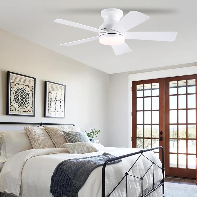 41 inch Ceiling Fans with Lights, White Flush Mount Ceiling Fan with Remote, 3CCT, LED Dimmable, Reversible, 6 Fan Speeds, Quite Low Profile Ceiling Fan with Lights Modern Bedroom Kitchen Indoor