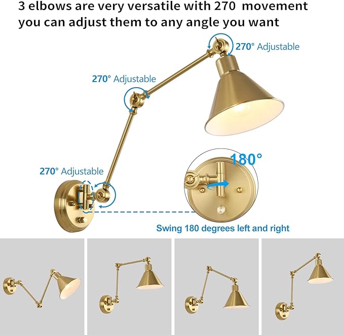 TRLIFE Wall Sconce Plug in, Brushed Brass Dimmable Wall Sconce Swing Arm Wall Lights Plug in Wall Mounted Light with 6FT Plug in Cord, E26 Base, UL Listed(1 Pack)