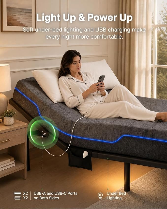 Marsail MS01 Full Adjustable Bed Frame + 10-inch Gel Memory Foam Mattress, Adjustable Bed Base with Under-Bed Nightlight, Wireless Remote Control Adjustable Bed with 4 Height Options, Full