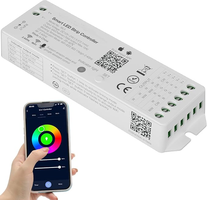 PAUTIX WiFi 5-in-1 LED Controller Dimmable for Monochrome CCT RGB RGBW RGBCCT LED Strip Lights Compatible with Tuya APP/Smart Life/Alexa/Google Home/Siri,DC12-24V Lights Controller(Without Battery)