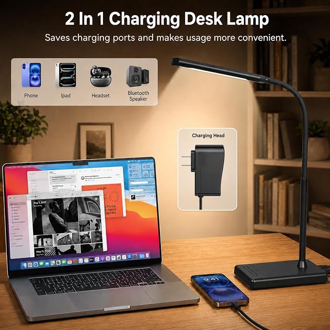 LED Desk Lamp, Eye-Caring Table Lights for Home Office | Touch Control Desk Lamp, 5 Color & 6 Brightness Levels Dimmable Lamp with Memory Function 1h Timer