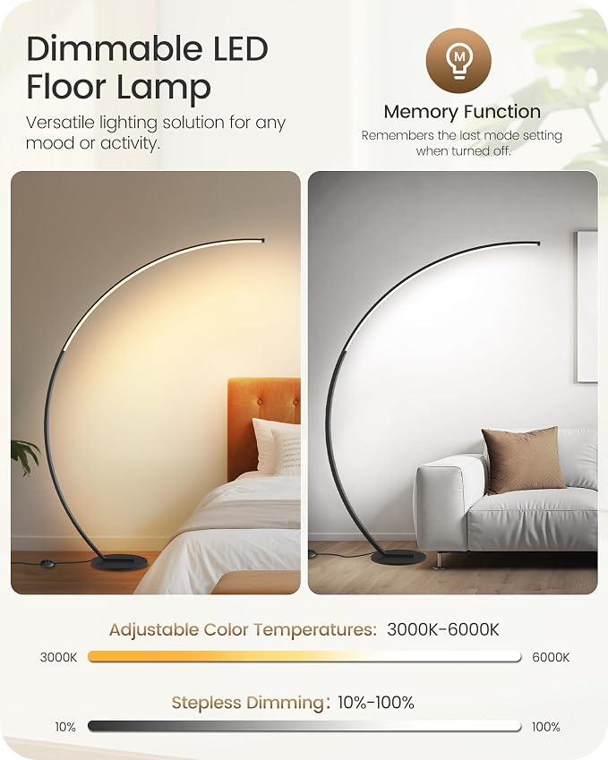 75 inch Dimmable LED Arc Floor Lamp for Living Room with Foot and Remote Control, 3 Color Temperatures, 3000K-6000K Whites, LED Corner Lamp, Modern Standing Tall Lamp for Bedroom B62LD05