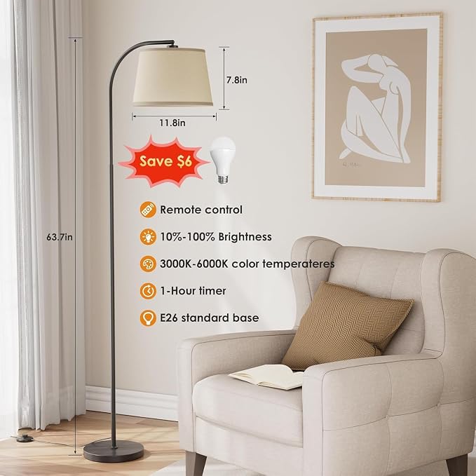 Karjoefar 64" 3 Color Dimmable Black Arc Floor Standing Lamp with Remote | Adjustable & 350°H/180°V Rotatable Linen Shade, Stepless Dimmable Lighting, 9W Bulb Included, Ideal for Bedroom & Office