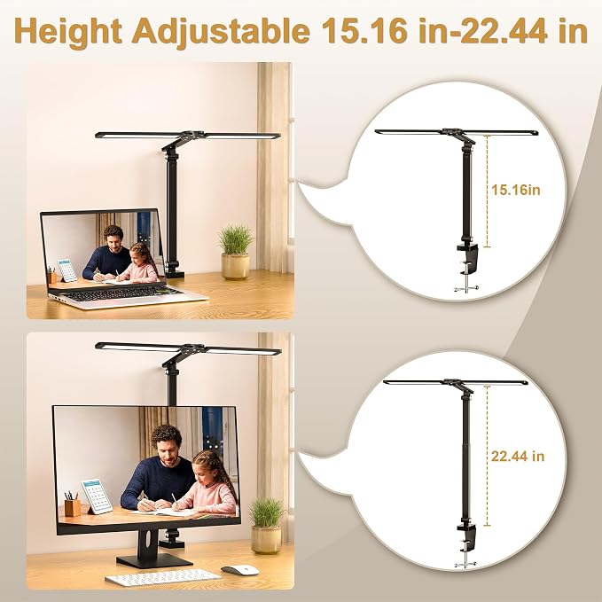 LED Desk Lamp for Office Home, Architect Desk Light with Clamp, Black | Height Adjustable Eye Caring Stepless Dimming Desk Lamp for Reading, Study, Workbench, 50 Lighting Models