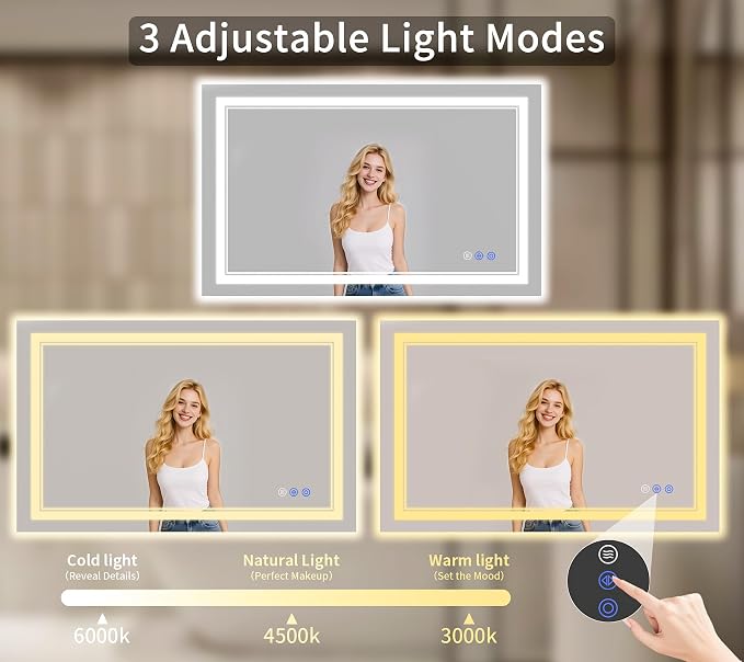 30"x48" LED Bathroom Mirror with Lights, Anti-Fog, Backlit + Front Lit, Dimmable, Led Vanity Mirror for Wall, Lighted Bathroom Mirror, 3 Colors, Shatter-Proof Tempered Glass