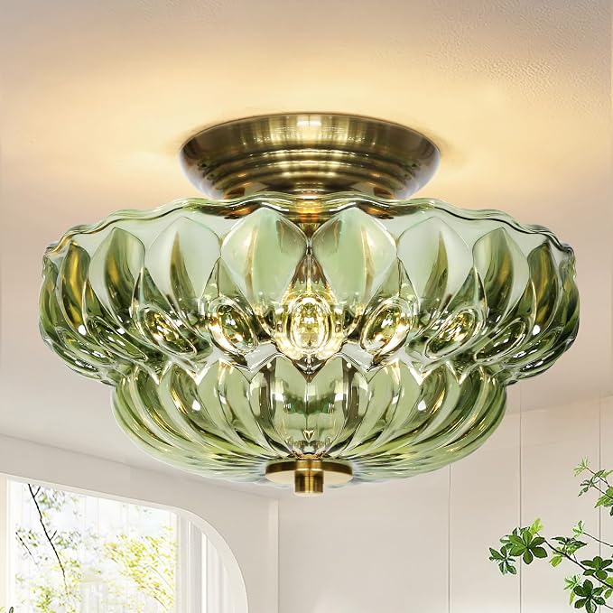 11" Semi-Flush Mount Ceiling Light,3-Bulb Green Glass Hallway Light Fixture | OYKYOHEI Indoor Lighting,Gold Close to Ceiling Light for Bathroom Dining Room Kitchen Foyer Laundry Decor,Easy Install