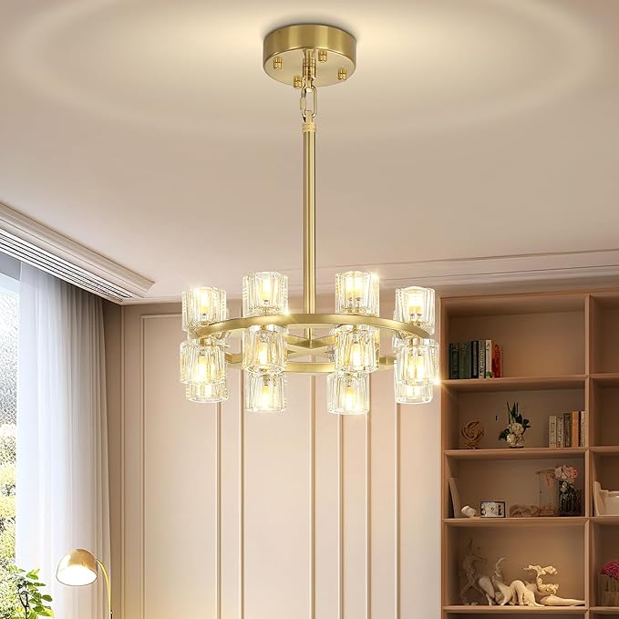D16 Small Wagon Wheel Chandeliers 16-Lights Gold Round Chandelier Pendant Light for Kitchen Island Crystal Chandeliers for Dining Room,Living Room