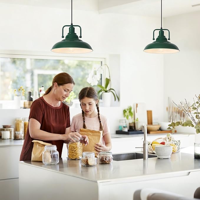 Farmhouse Pendant Light, 12.5inch, 2 Packs Green Kitchen Pendant Lights, Modern Pendant Lights, Pendant Lights Kitchen Island, Pendant Light for Bedroom, Office, Kichen Sink, Library