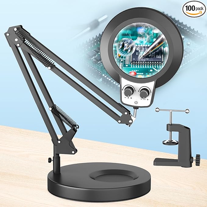 HITTI 12X & 30X Magnifying Glass with Light, New Upgrade Infinite Color and Brightness Desk Lamp & Clamp, 2-in-1 LED Lighted Magnifier Stand for Craft Reading Hobby Soldering Puzzle Close Work- Black