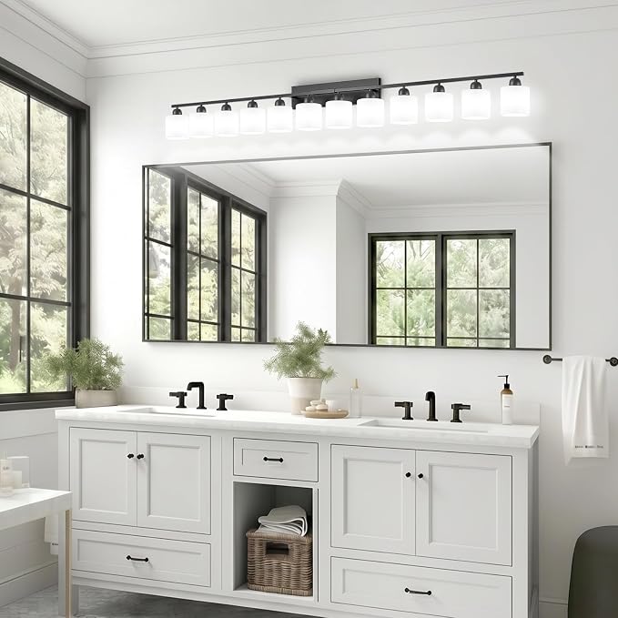 12 Light Black Vanity Lights for Giant Mirror, Bathroom Vanity Lights Over Mirror with Milky White Frosted Glass Shades,78.8 inch Bathroom Light Fixture for Mirrors, E26