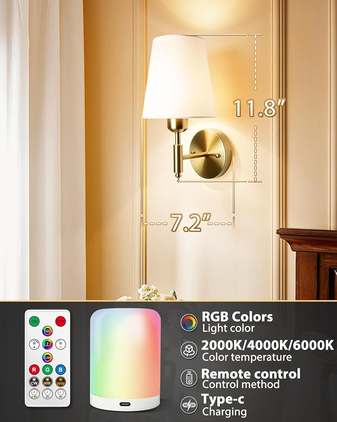 Adetu Battery Operated Wall Sconces Set of 2, Gold Rechargeable Wall Lights | 10000mAh RGB Rechargeable Magnetic Bulb, 5%-100% Dimmable, Battery Wall Sconce for Bedroom Wall Decor