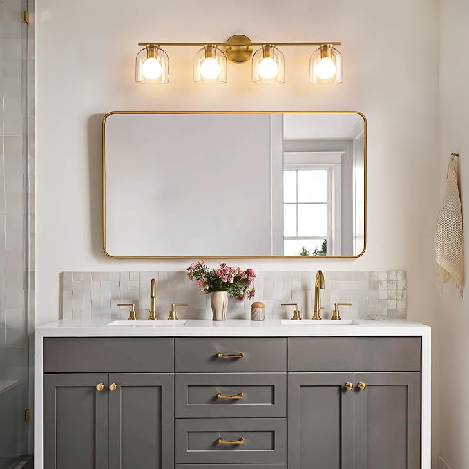 WOSHITU Bathroom Vanity Light Fixtures: 32.3 Inch Modern Brushed Gold Bathroom Light Fixtures Over Mirror with Clear Glass Shade, 4-Light Bathroom Lights Above Mirror