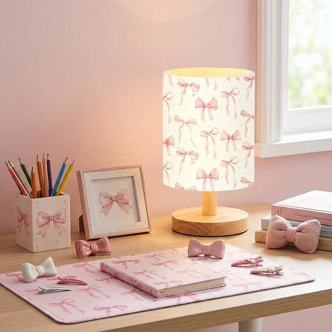 Bow Style Kids Table Lamp for Bedroom Kids Bedside Lamp with Linen Wooden Nightstand Cartoon Nursery Lampshade for Girls Boys Living Room