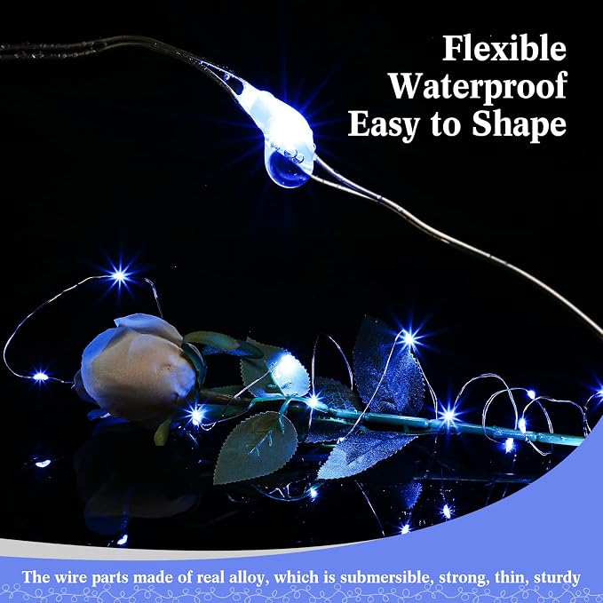 100 Packs Fairy Lights Battery Operated 3 Speed Modes, 7 Ft/ 2 M 20 LED Battery String Mini Waterproof Wire Twinkle Lights Bulk for Wedding Party Birthday Vases Decor (Blue Light)