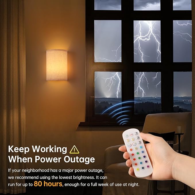 Shenmoyl Battery Operated Wall Sconce Set of 2, Rechargeable 6000mAh Magnetic Bulb, No Drill Stick On Cordless Wall Light, RGB & 3 Color Temperatures Dimmable with Linen Shade for Bedroom Living Room