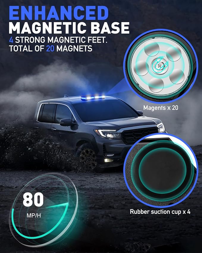 HLauto 406D Rooftop Emergency Strobe Lights Bar, 102 LED Blue White Mini Beacon Safety Flashing Warning Traffic Lights Bar w/Magnetic Base for 12-24V Trucks, Construction Vehicles, Snowplow, Cars