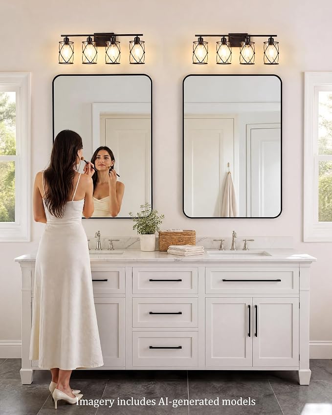 4-Light Oil Rubbed Bronze Bathroom Light Fixtures Over Mirror, 29" UL-Listed Modern Farmhouse Wall Sconce Lights with Clear Glass and Metal Cage for Bath, Hardwire E26, CH9176ORB-4W