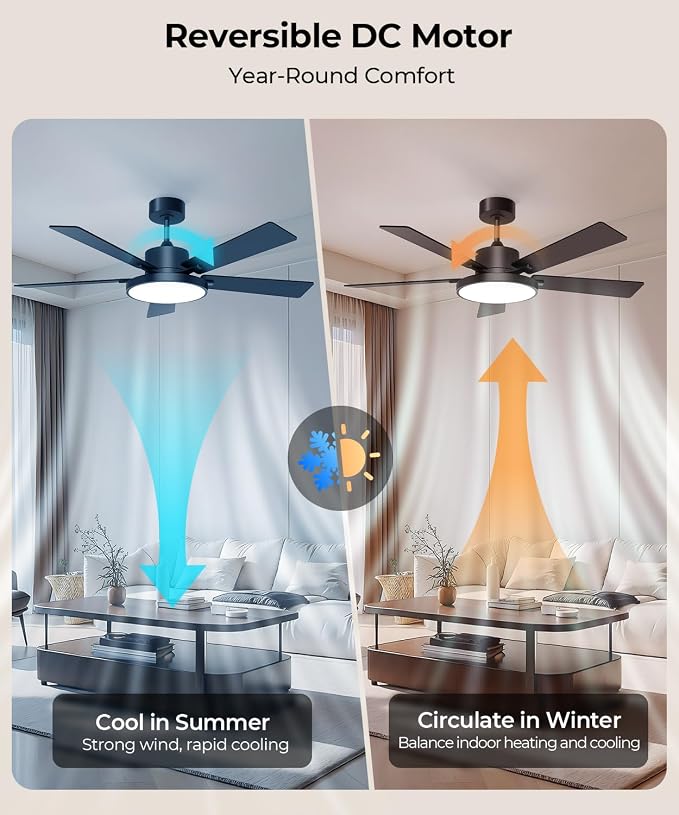 RGBCW Smart 52" 2600LM LED Ceiling Fan Light with Remote, Black | Alexa/Google/App Control, Reversible DC Motor, 6 Speeds & 2 Fan Modes, Dimmable, Quiet Fan for Bedroom, Living & Gaming Room