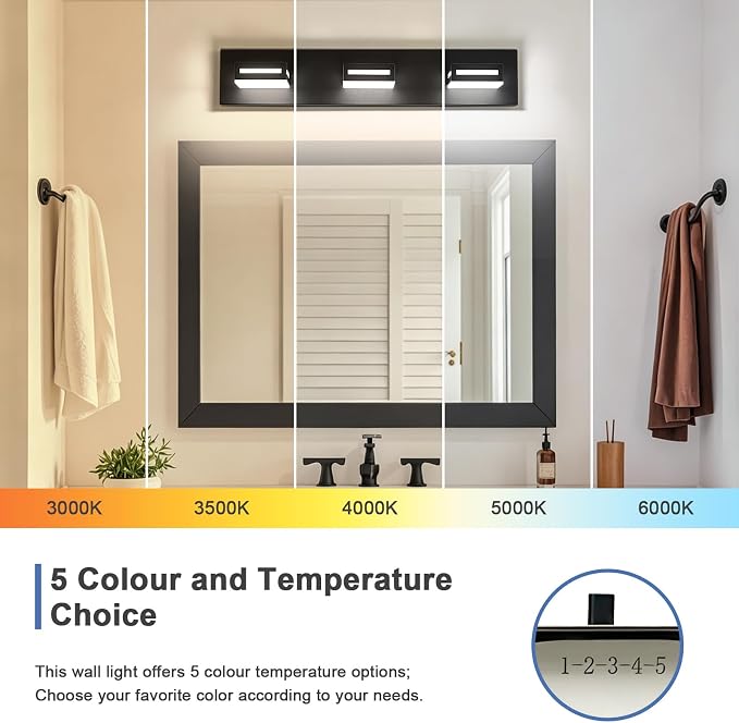 LED Modern Bathroom Light Fixtures, 3-Light 24-Inch Dimmable 5CCT Adjustable Matte Black Vanity Lights for Bathroom Lighting Fixtures Over Mirror, 350° Rotatable Wall Lamp