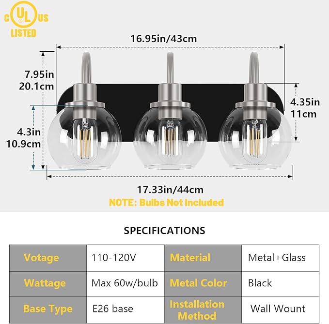 Modern 3-Light Vanity Light, Bathroom Lighting Fixture Over Mirror With Clear Glass Shade and Metal Base, Matte Black and Brushed Nickel