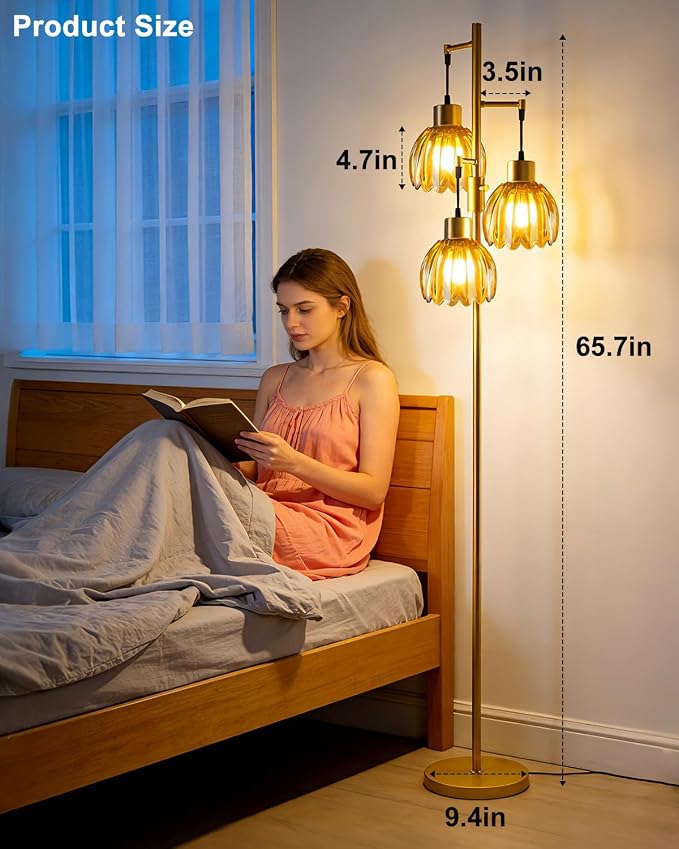 Lightdot 65'' Glass Floor Lamp Dimmable Gold with Brown Lotus Glass Shade & 3000K Bulbs Included 3-Lights Modern Tall Standing Lamp with 5Lbs Heavy Base for Living Room/Bedroom/Sofa/Corner Decor