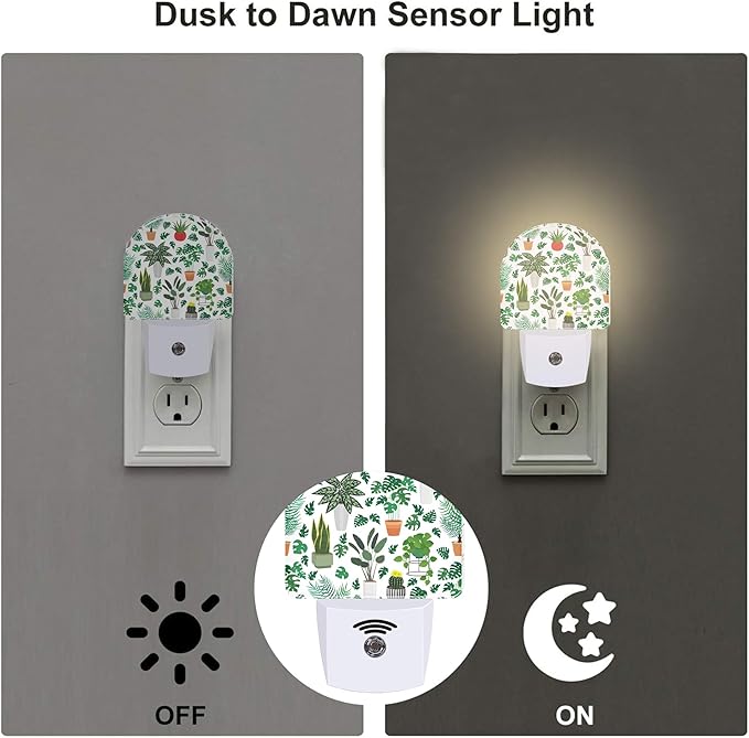 Green Potted Plants Night Light, Home Botanical Floral Leaves Dusk to Dawn Night Light Plug in,0.5w Energy Saving Sleep Friendly Nightlights for Kids Boys Girls Home