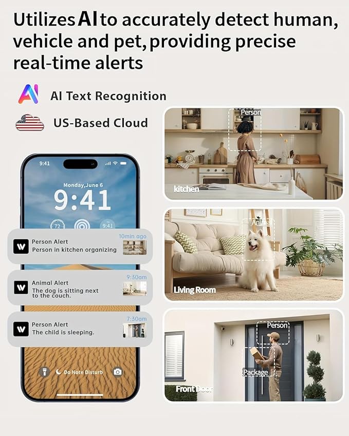 2.4/5GHz Home Cameras Indoor, 2K Security Camera Indoor for Dog/Pet/Nanny/Baby with US Phone App, AI Text Recognition, Smart Search, Color Night Vision,2 Way Talk Mini Cam,Human Detection,4 Packs