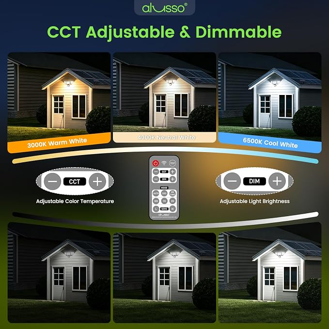 ALUSSO Solar Lights Outdoor Motion Sensor, 400LM LED Security Lights w/Remote, Dusk to Dawn/Auto/On Time Modes, CCT Adjustable 3000K-6500K, Dimmable IP54 Flood Wall Light for Garden Yard(2 Pack)