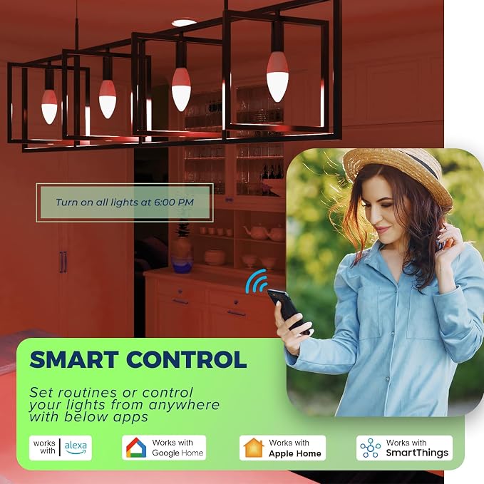 Matter Smart E12 LED Bulbs 60W, RGBCW Candelabra Light Bulbs | Compatible with Alexa/Apple Home/Google Home/SmartThings, 500LM 6W Candle Smart bulb ETL Listed 2.4G WiFi, Hub Required, 4PCS