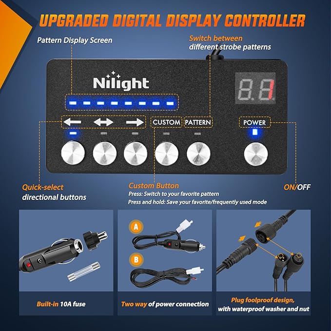 Nilight 8PCS LED Strobe lights 12V Sync Feature Amber White 12 24LED Emergency Hazard Warning Lights with Controller for Cars Trucks RVs Campers, 2 Years Warranty