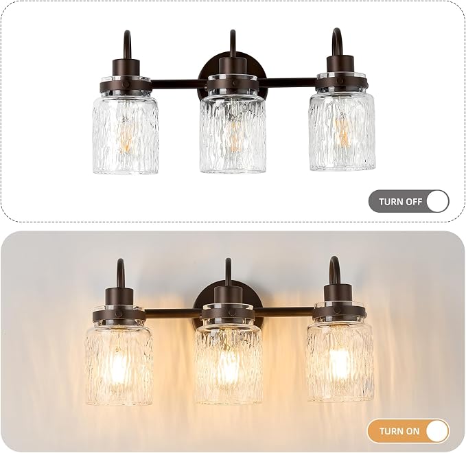 3 Lights Hammered Glass Bathroom Vanity Light, Oil Rubbed Bronze | Easy Installation,Up or Down,Farmhouse Modern Style,E26 Socket,ETL Certification
