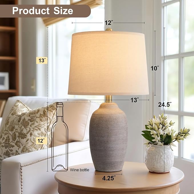 24.5" Vintage Ceramic Table Lamp Single-Rustic Boho Accent Nightstand Lamps for Bedroom, Living Room, Entryway-Small Textured Bedside Lamps, Modern Farmhouse Lamps for Home Decor Purple Grey