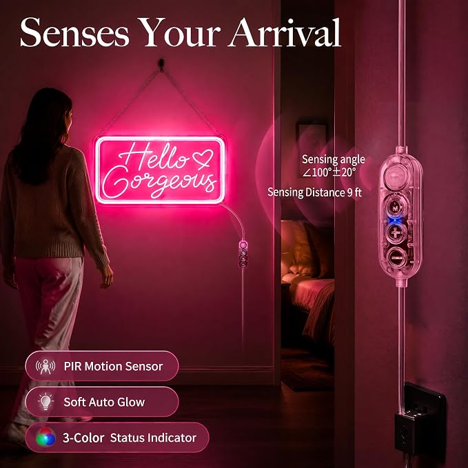 "Hello Gorgeous" Pink LED Neon Sign – Dimmable Motion Sensor Light Up Signs for Wall Decor,USB Powered Acrylic Neon Signs for Bedroom, Girls Room, 16.5"x9", Pink Light