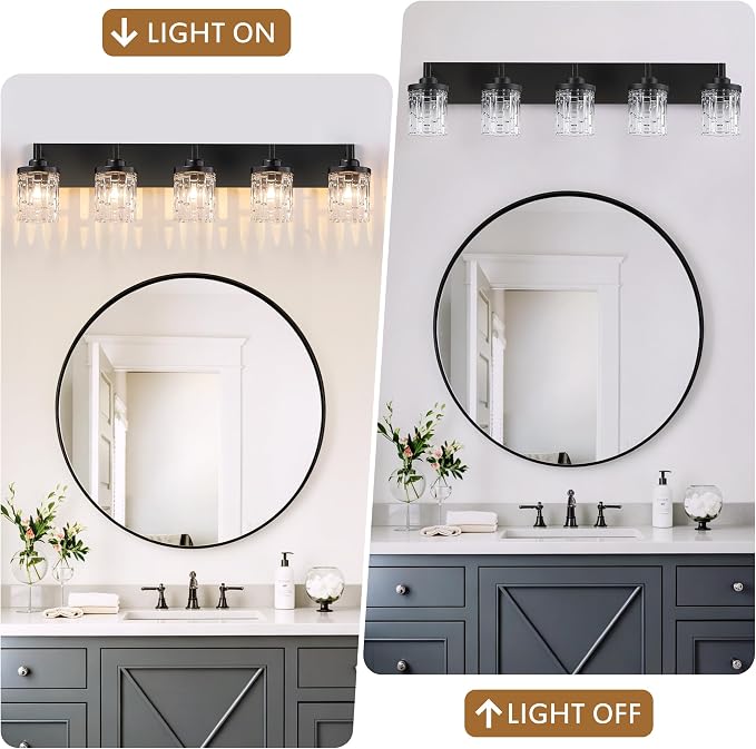 maesta Black Bathroom Light Fixture,5 Light Modern Vanity Light Over Mirror | Modern Vanity Light, Black Metal & Crystal Glass Fixture, Anti-Rust, Easy to Install for Bathroom Hallway Bedroom Entryway