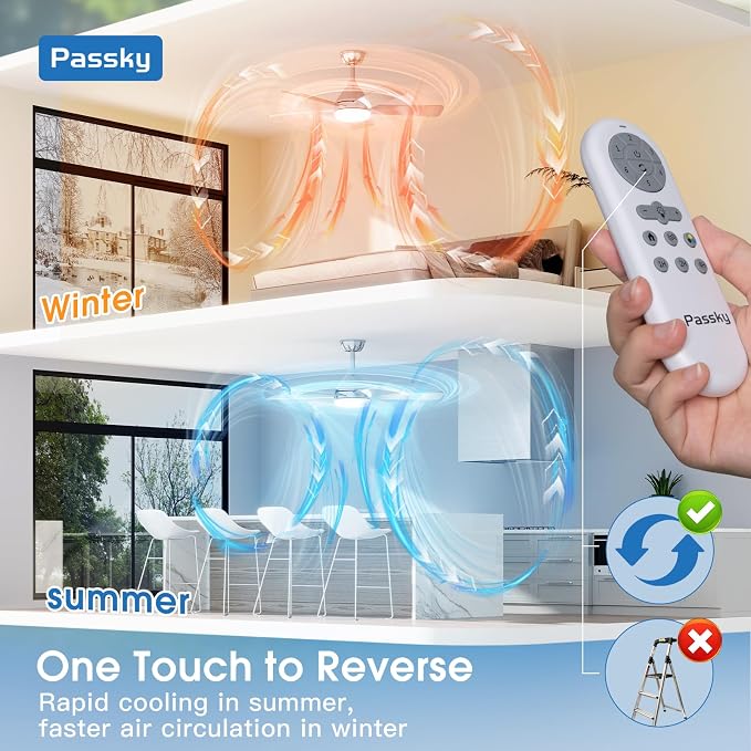 Passky 42 Inch Silver Sleek Ceiling Fans with Lights, Remote Control | 3-color dimmable light, quiet reversible DC motor, easy install, memory, Timer, bedroom, covered outdoor areas