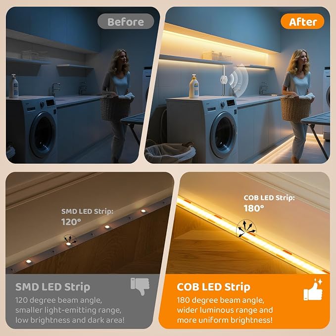Under Bed Lights Motion Sensor COB LED Strip, 6.56Ft 3000K Warm Motion Activated LED Light Strip for Bedside, 24V Dimmable Motion Sensor Night Light COB Strip for Under Cabinet Stair Closet