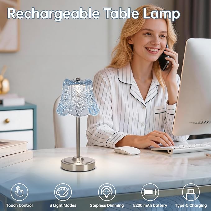 Shenmoyl Cordless Touch Table Lamp with 5200mAh Battery - 3 Adjustable Color Temperatures & Dimmable, Rechargeable Lamp for Bedroom, Living Room, Office, Entryway, Bookshelves (Clear Light Blue Rose)