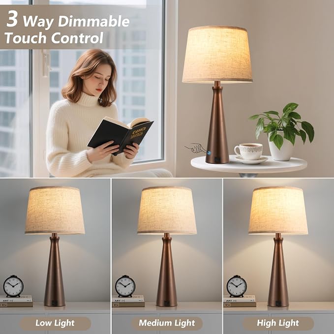 Modern Touch Lamps for Nightstand, 3 Way Dimmable Bedroom Lamp Set of 2 | USB C+A Charging Ports, Brown Bedside Lamps for Bedroom, Living Room, End Table, Bed Side, LED Bulb Included