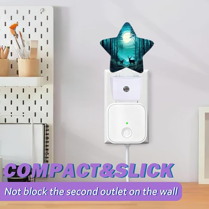 Night Lights Plug Into Wall Decorative,Fantasy Forest Deer Nightlights for Kids Bedroom, Starry Moon Night Energy Efficient Dusk-to-Dawn Sensor Sleep Friendly Lamp for Nursery Bathroom