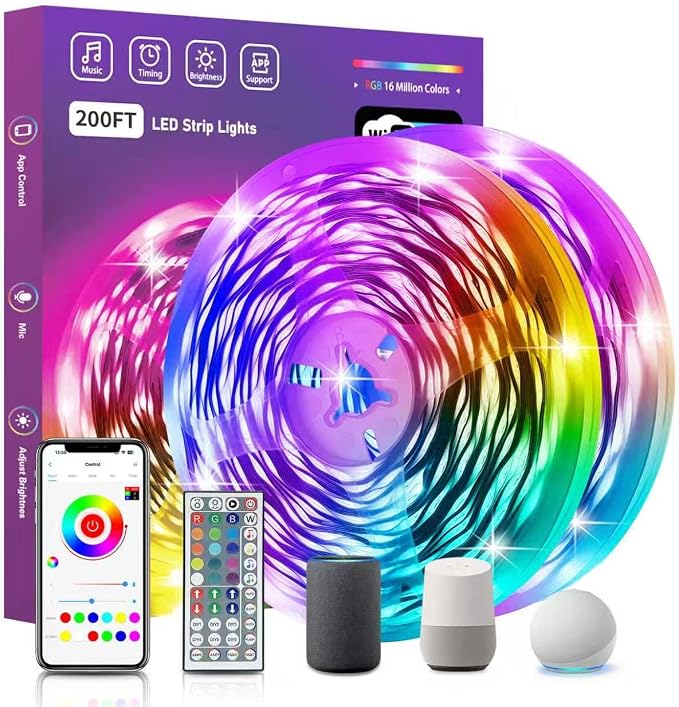 FONEWE Smart WiFi LED Lights 200 ft Remote Control Through APP Led Strip Lights Supports Alexa and Google Assistant Timing Function RGB Color Changing LED Lights for Bedroom and Party
