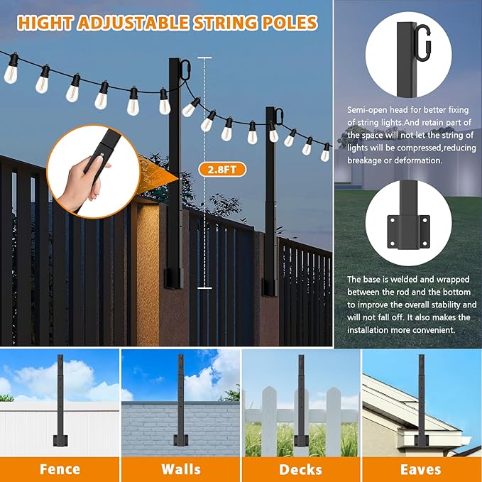 10 Pack String Light Poles,10 Ft Light Poles for Outside String Lights,Outdoor Lights Pole with Fork,Metal Poles Stand for Patio Deck Backyard (2.8FT 6 Pack)
