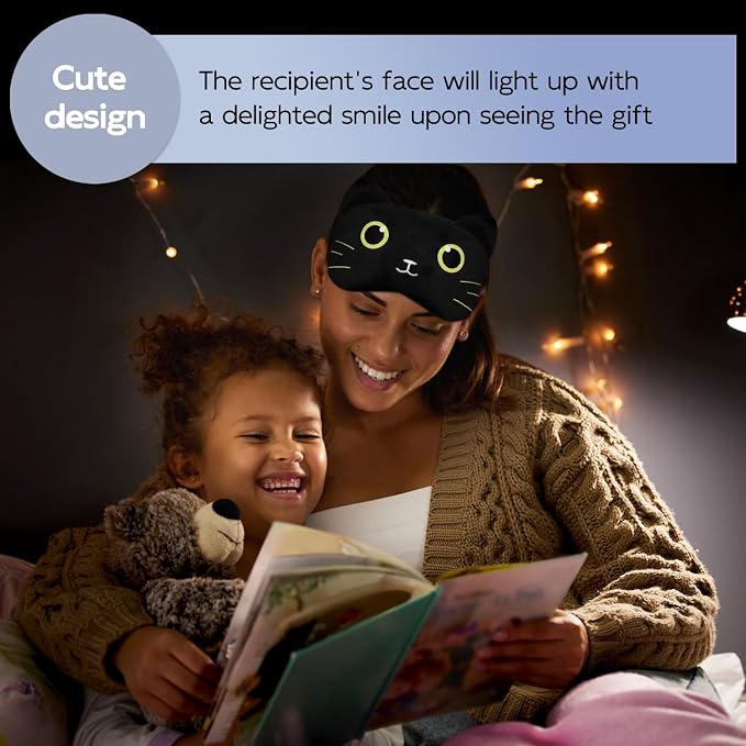 Cute Sleep Masks Cartoon Animal Cat Eye Mask Plush Sleeping Mask & Travel Blindfold - Funny Kitten Eye Shade for Women Men (Black Cat-2)
