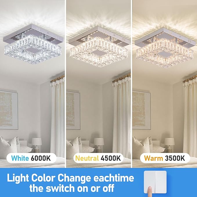 9.8" Modern Crystal Ceiling Light Fixture Mini Square Chandelier Flush Mount Light Fixture Ceiling Lamp for Small Hallway Foyer Entryway Bedroom,3 Colors Adjustable